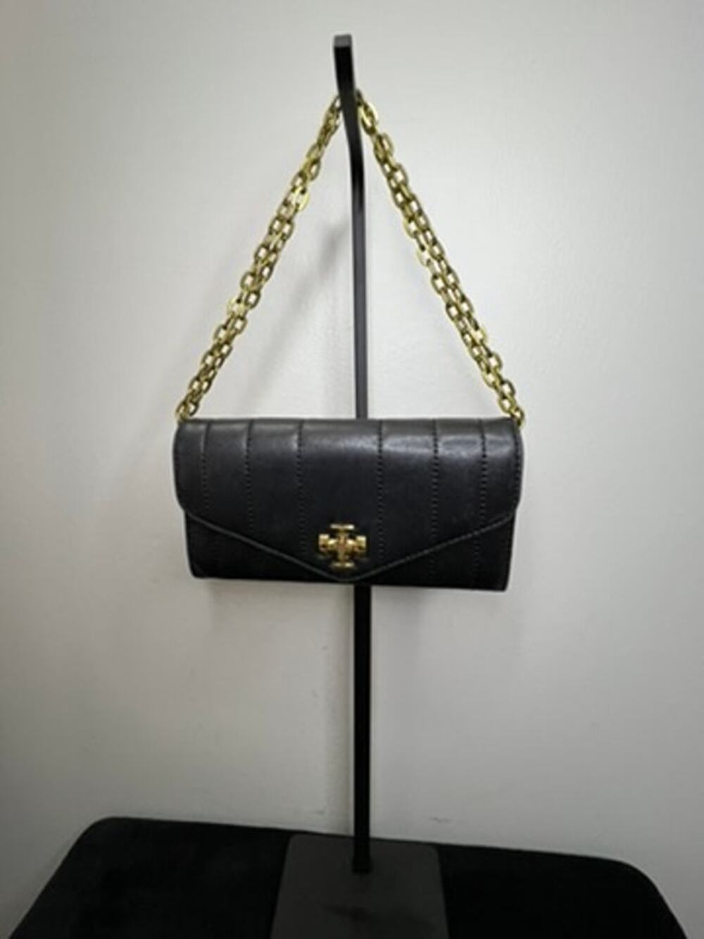 Tory Burch Kira Moto Quilt Black Leather Chain Wallet Crossbody Bag